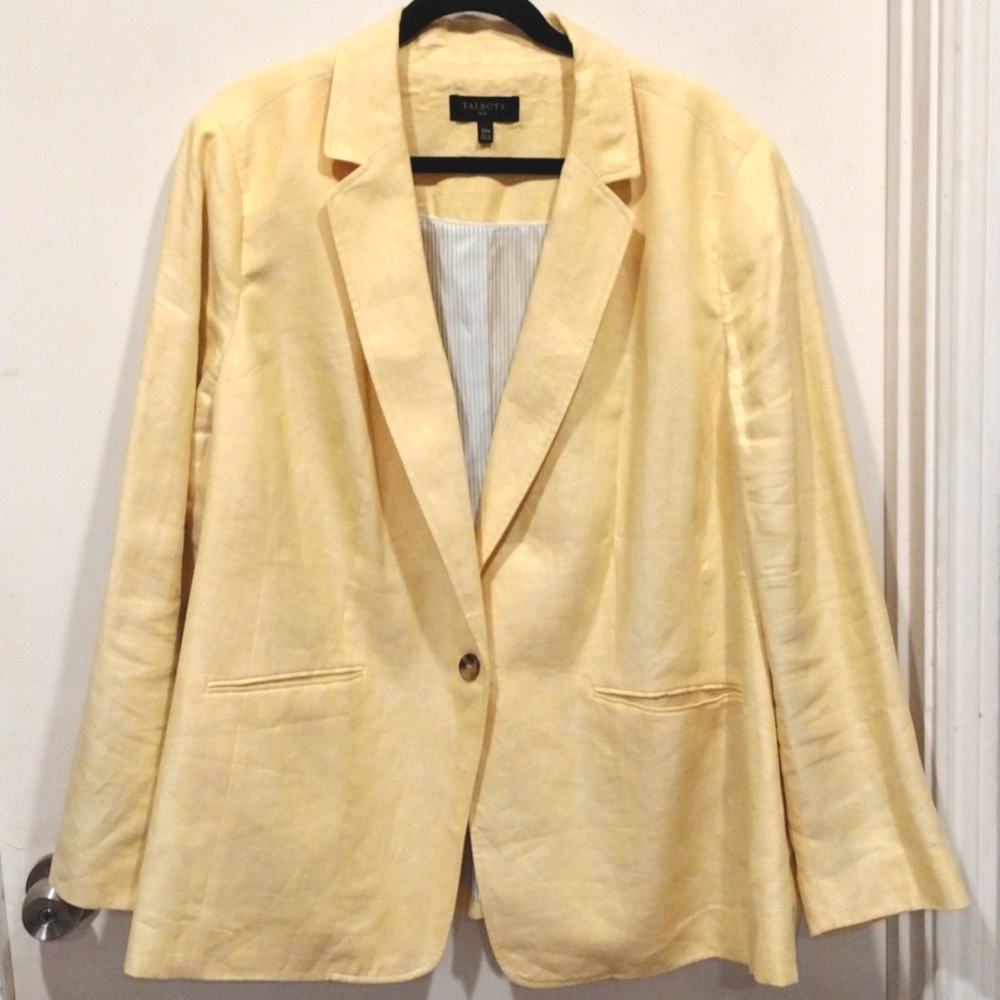 Talbots Women's Light Yellow 100% Linen Blazer Sz 20W-Office Career Academia